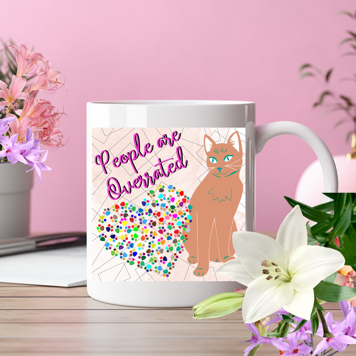 Fun And Slightly-Antisocial Cat Mom Mug States The Obvious With Its "People Are Overrated" Design,  Great Cat Lady Gift, White Ceramic, 15oz