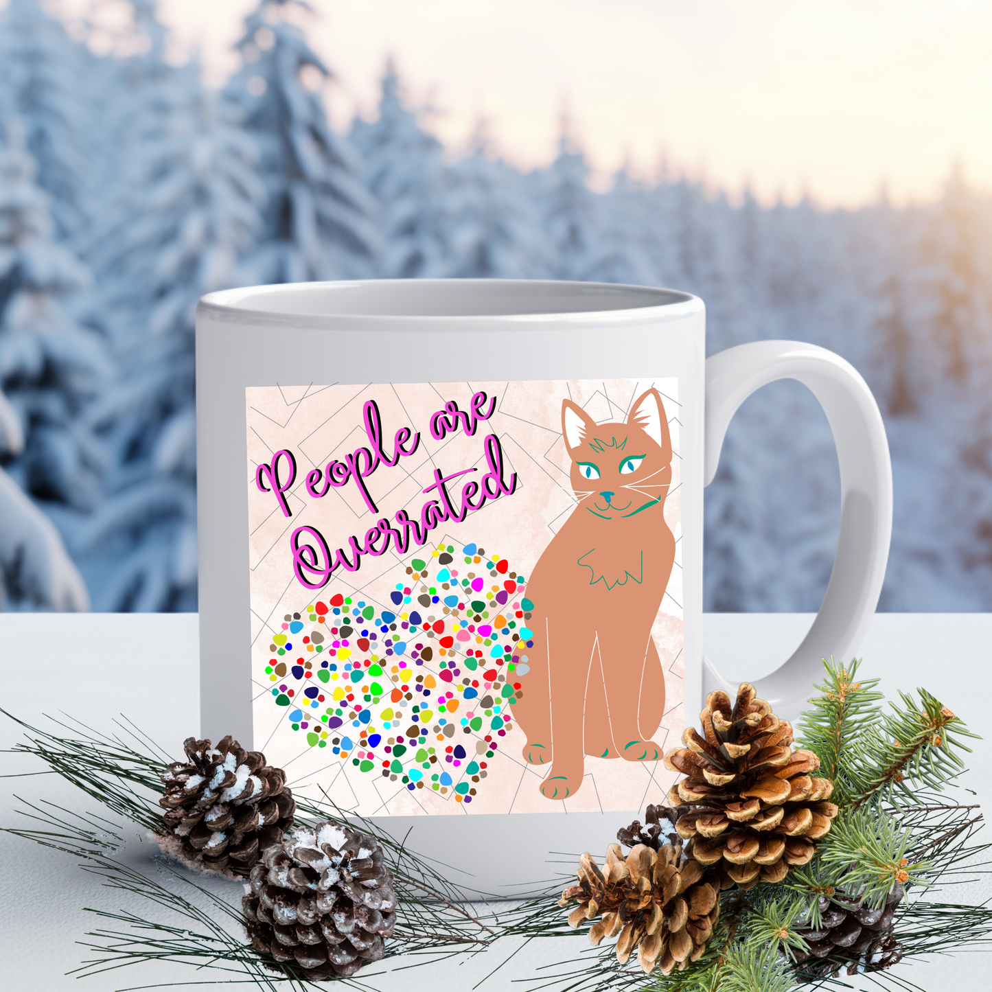 Fun And Slightly-Antisocial Cat Mom Mug States The Obvious With Its "People Are Overrated" Design,  Great Cat Lady Gift, White Ceramic, 15oz