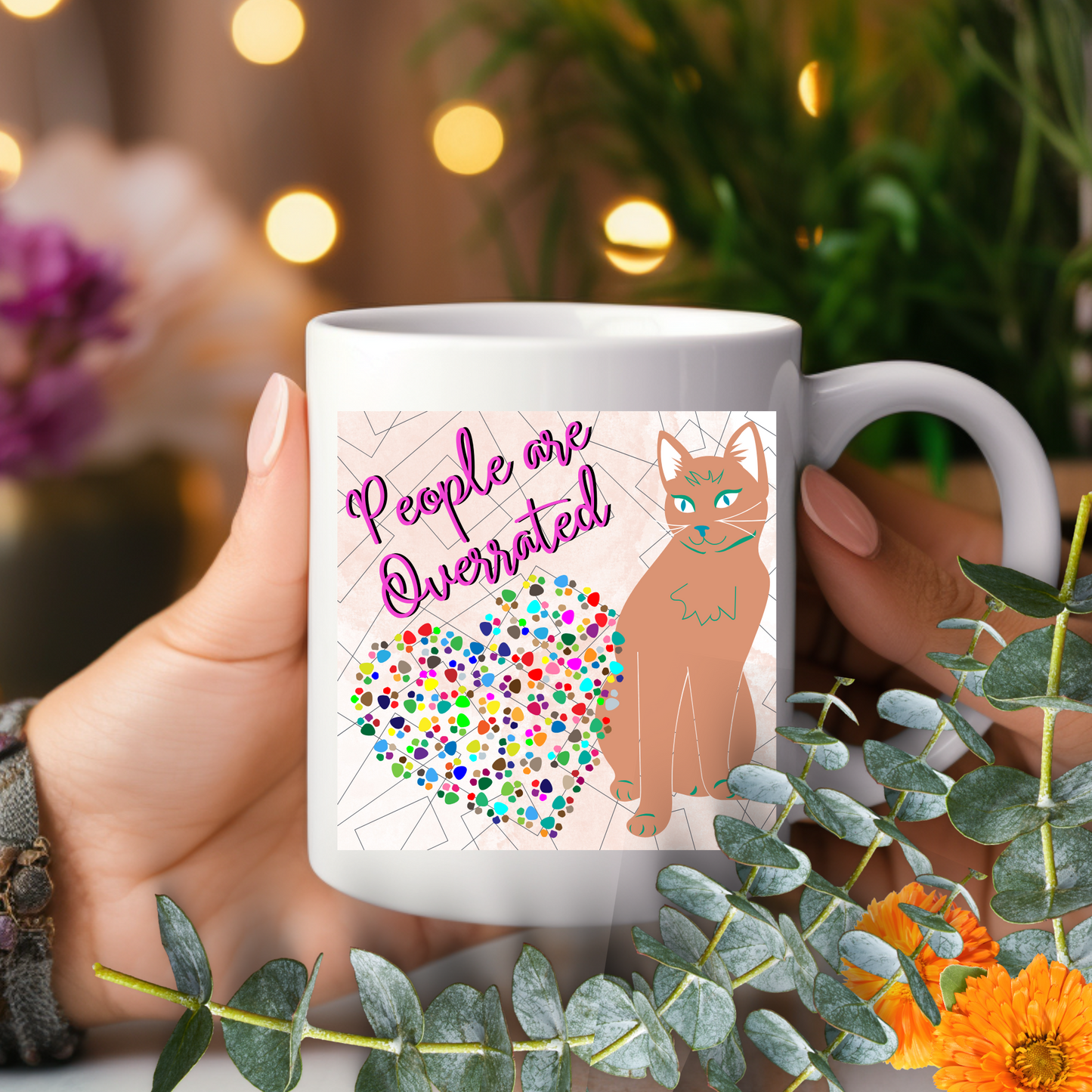 Fun And Slightly-Antisocial Cat Mom Mug States The Obvious With Its "People Are Overrated" Design,  Great Cat Lady Gift, White Ceramic, 15oz