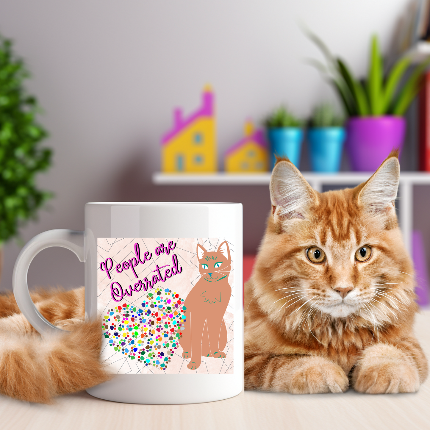 Fun And Slightly-Antisocial Cat Mom Mug States The Obvious With Its "People Are Overrated" Design,  Great Cat Lady Gift, White Ceramic, 15oz