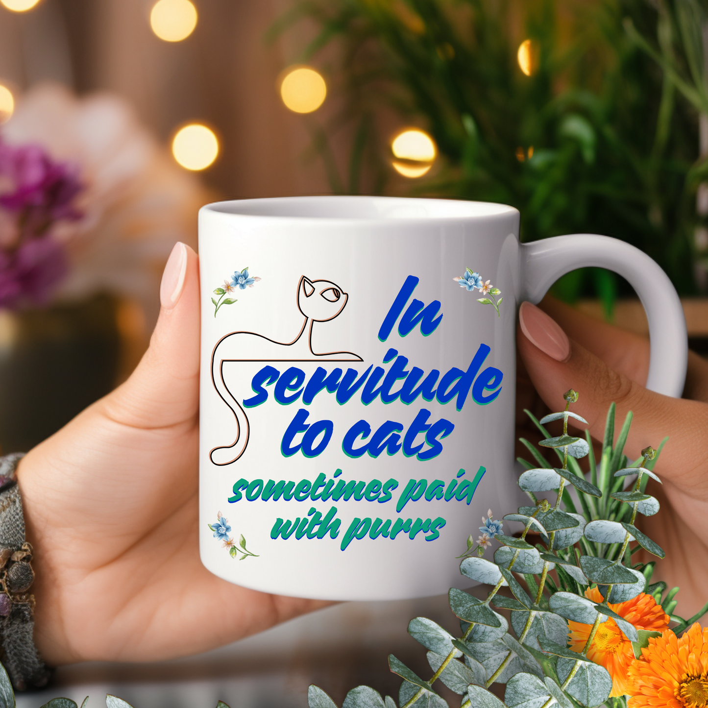 Cat-Centric "In Servitude To Cats" Coffee Mug With Bold Blue And Green Text And Cute Cat Graphic, Cat Lover Gift Stocking Stuffer,, White Ceramic, 15oz