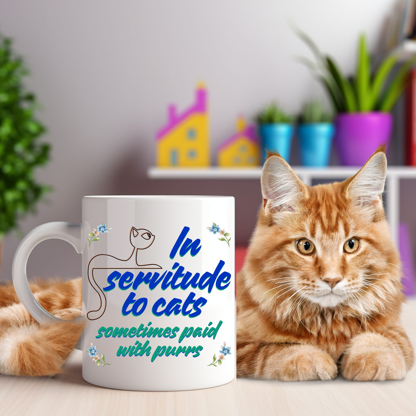 Cat-Centric "In Servitude To Cats" Coffee Mug With Bold Blue And Green Text And Cute Cat Graphic, Cat Lover Gift Stocking Stuffer,, White Ceramic, 15oz