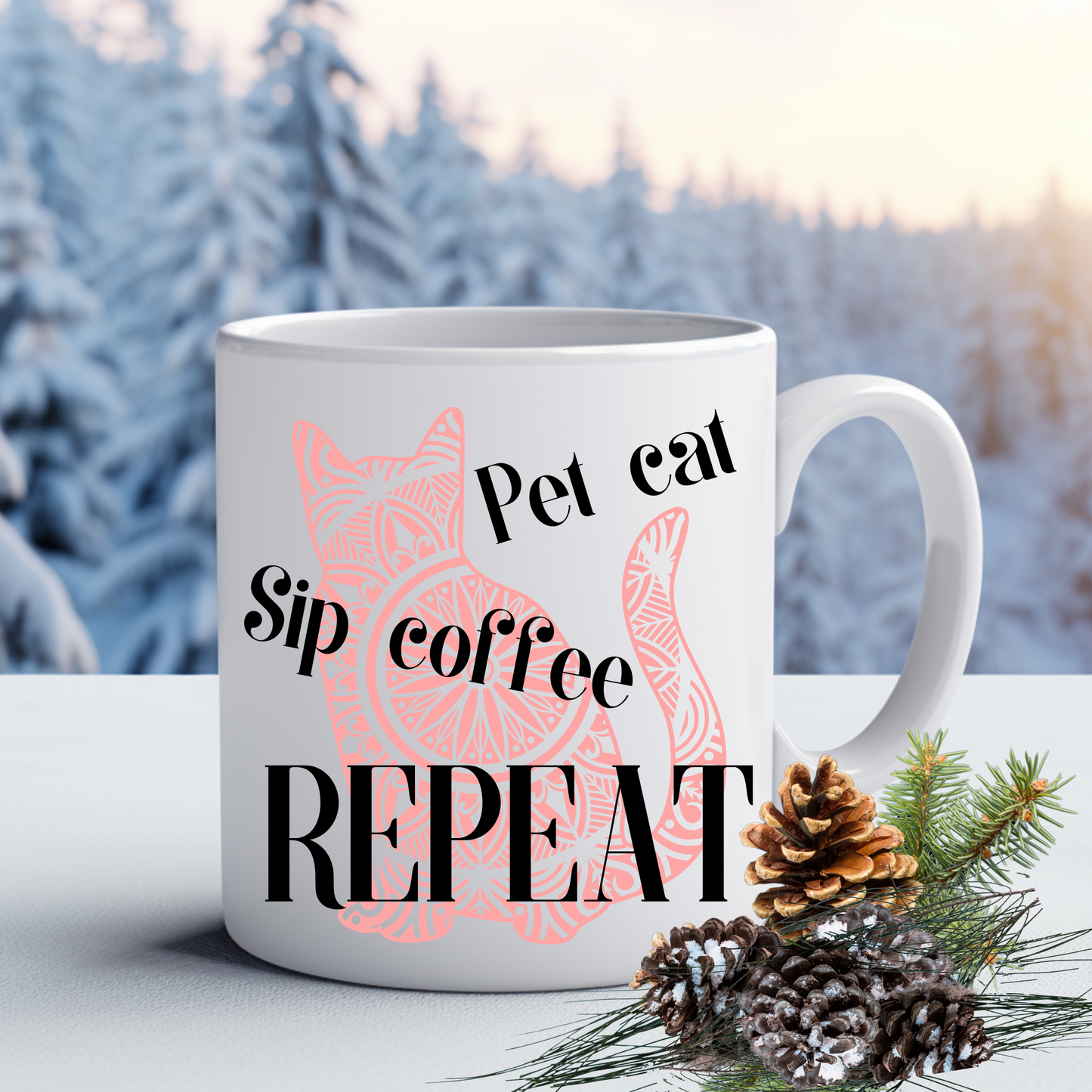 Truthful "Pet Cat Sip Coffee REPEAT" CatLady Mug With Soft Pink Cat Graphic, Great Gift For Cat Lover Mom, White Ceramic, 15oz
