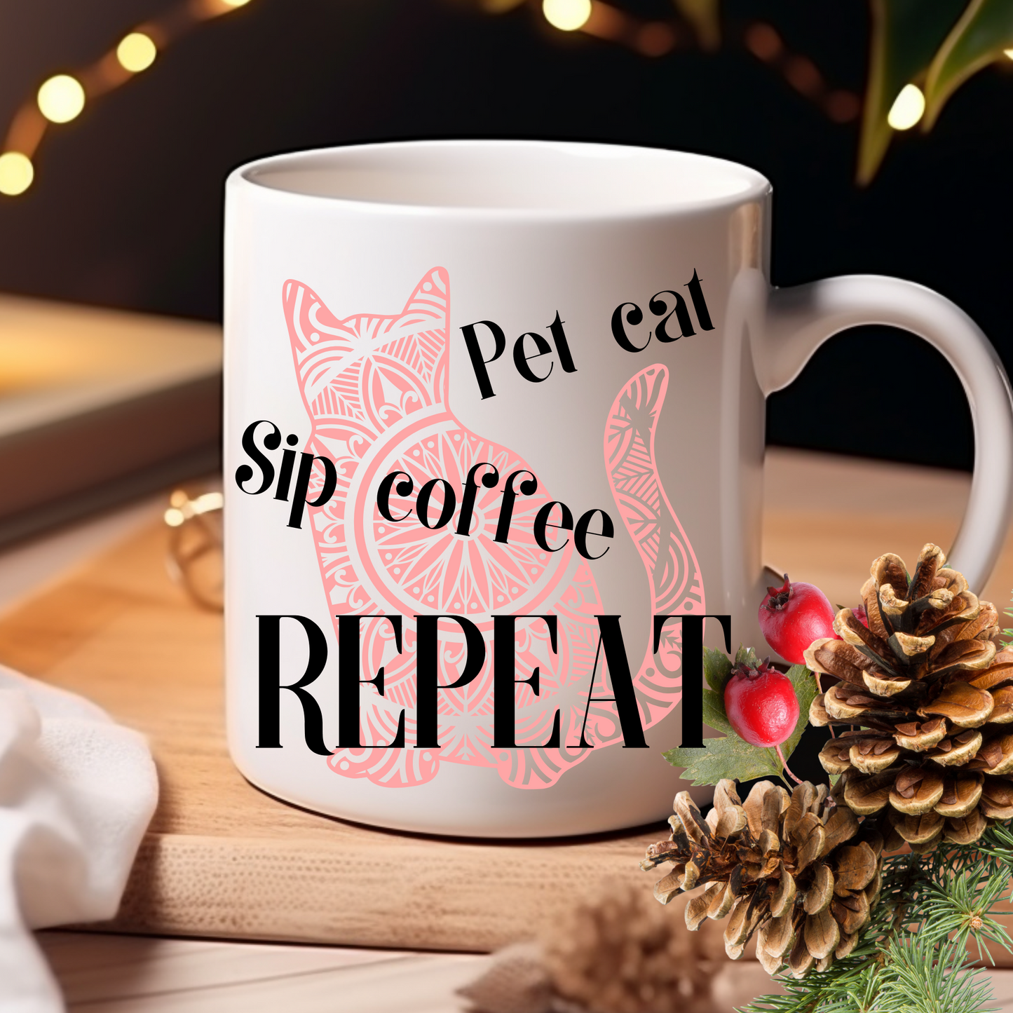 Truthful "Pet Cat Sip Coffee REPEAT" CatLady Mug With Soft Pink Cat Graphic, Great Gift For Cat Lover Mom, White Ceramic, 15oz