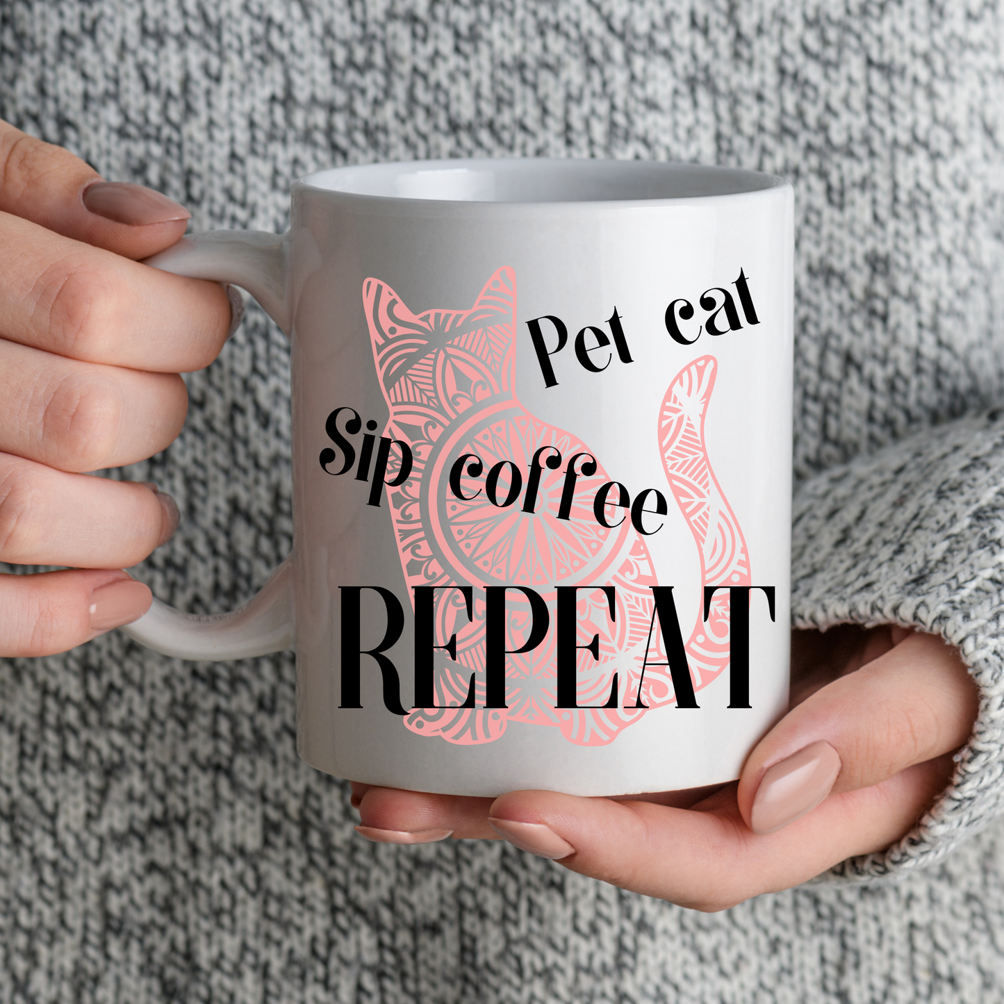 Truthful "Pet Cat Sip Coffee REPEAT" CatLady Mug With Soft Pink Cat Graphic, Great Gift For Cat Lover Mom, White Ceramic, 15oz