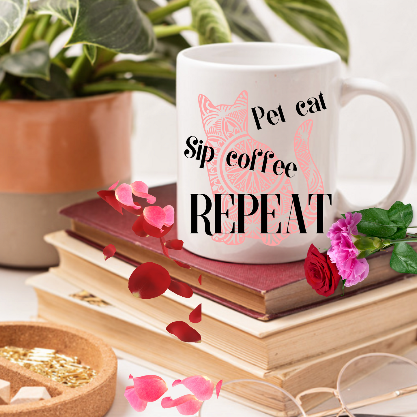 Truthful "Pet Cat Sip Coffee REPEAT" CatLady Mug With Soft Pink Cat Graphic, Great Gift For Cat Lover Mom, White Ceramic, 15oz