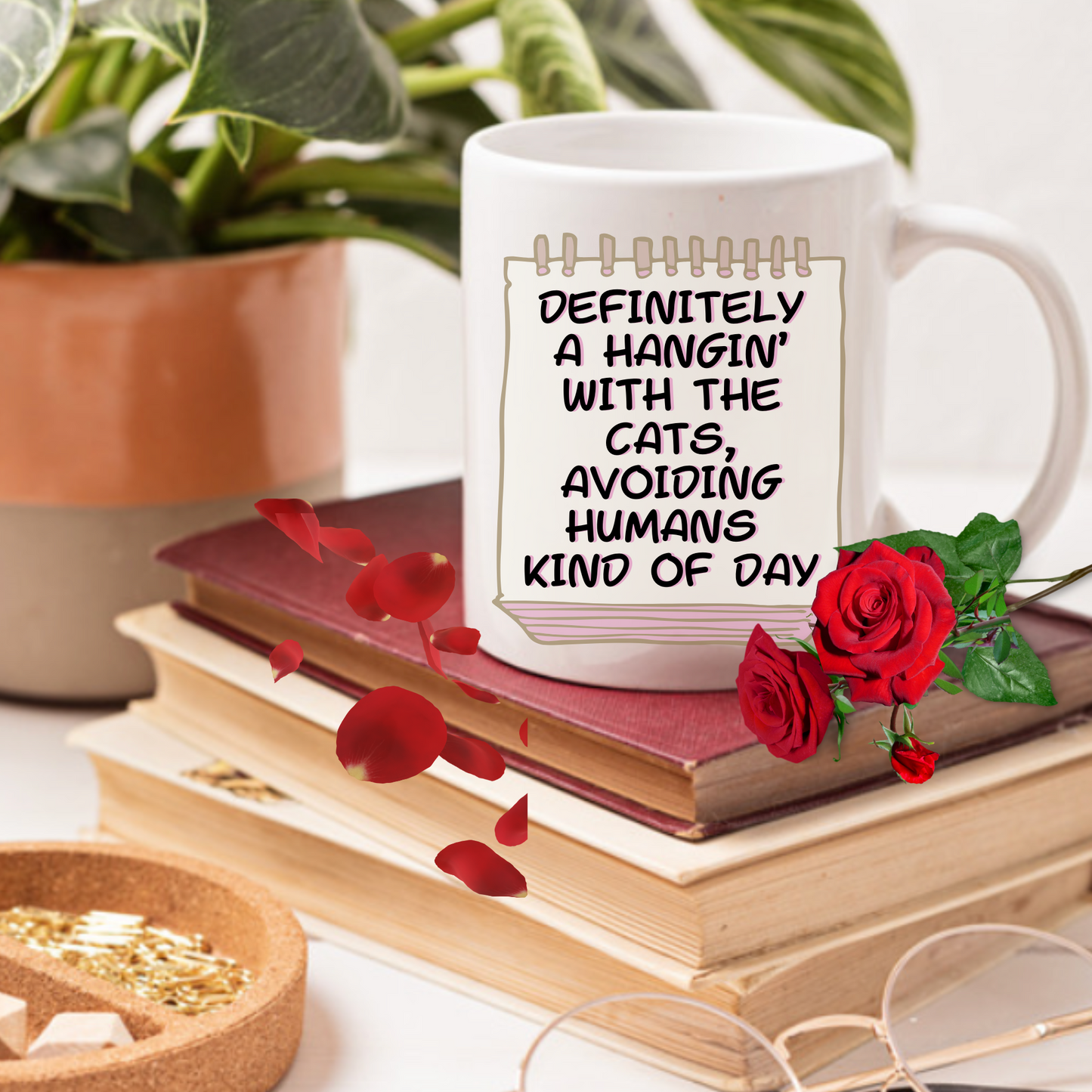 Calendar-Themed CatLady Mug With Honest "...Hanging With The Cats Avoiding Humans ..." Slogan, Great CatLady Gift, White Ceramic, 15oz