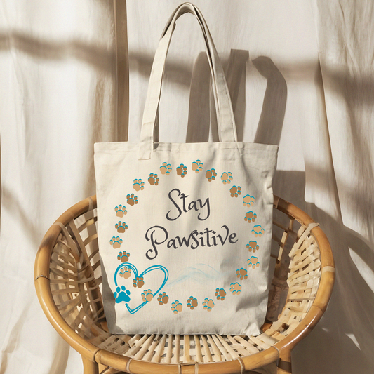 Canvas Cat Lady Tote - "Stay Pawsitive" Motif