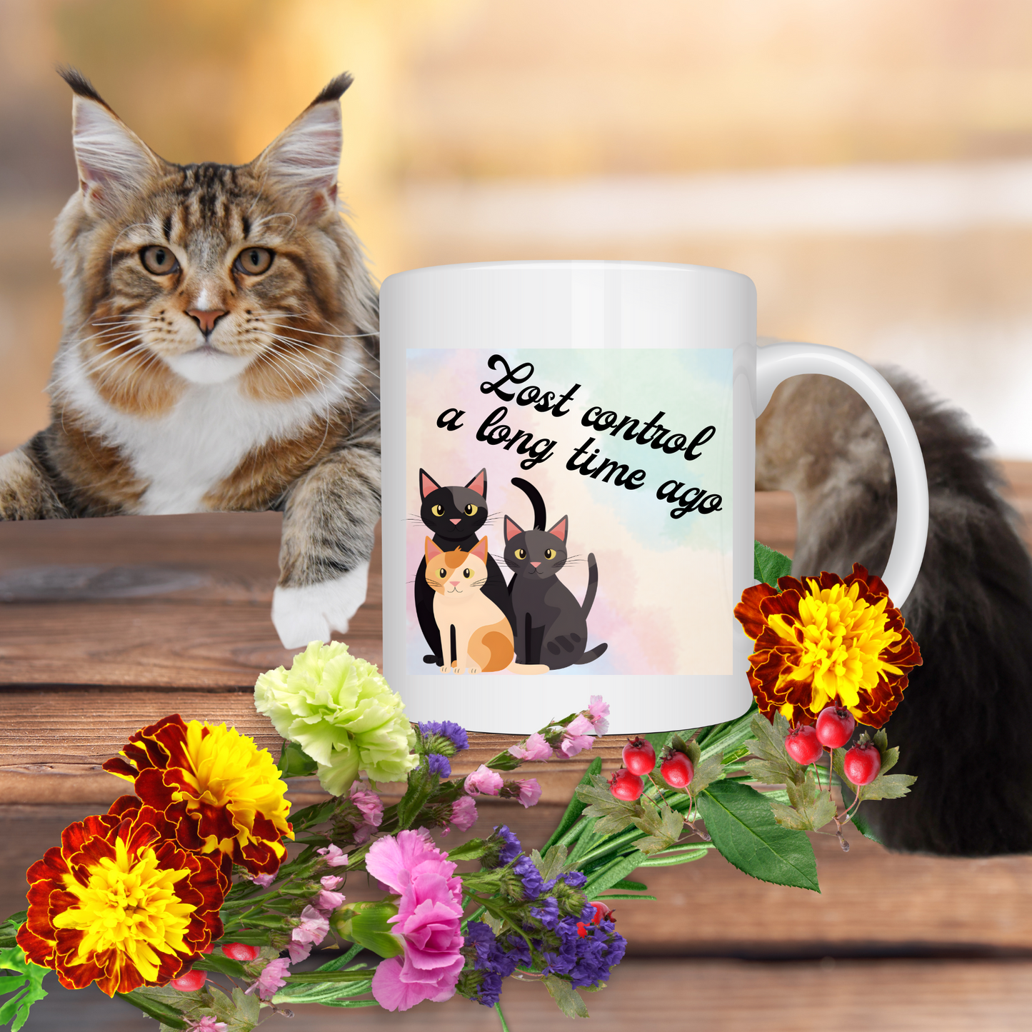 Crazy-For-Cats "Lost Control A Long Time Ago" Coffee Mug With Cute Kitties Design, Cat Lady Christmas BirthdayGift, Ceramic, 15oz