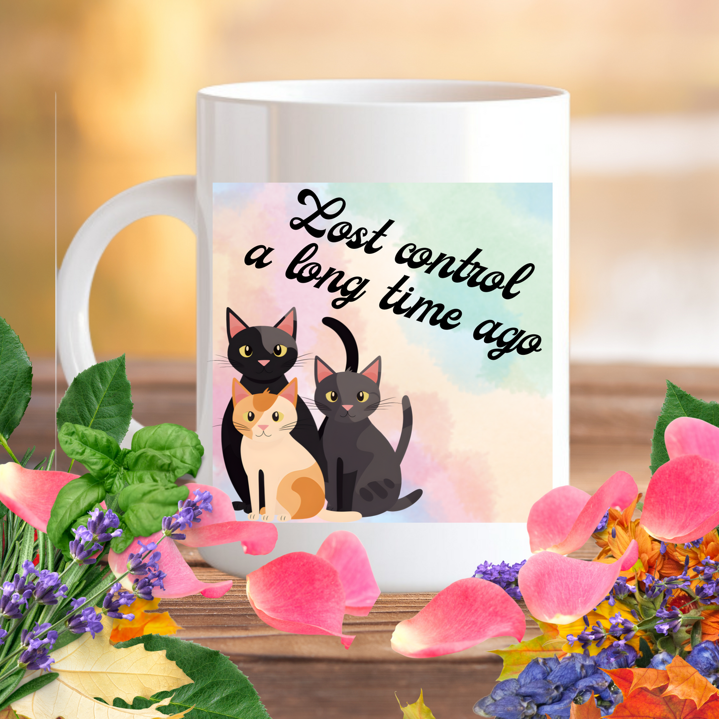 Crazy-For-Cats "Lost Control A Long Time Ago" Coffee Mug With Cute Kitties Design, Cat Lady Christmas BirthdayGift, Ceramic, 15oz
