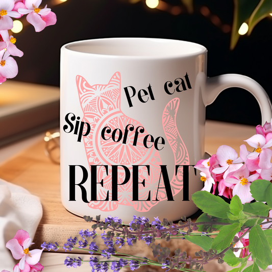 Truthful "Pet Cat Sip Coffee REPEAT" CatLady Mug With Soft Pink Cat Graphic, Great Gift For Cat Lover Mom, White Ceramic, 15oz