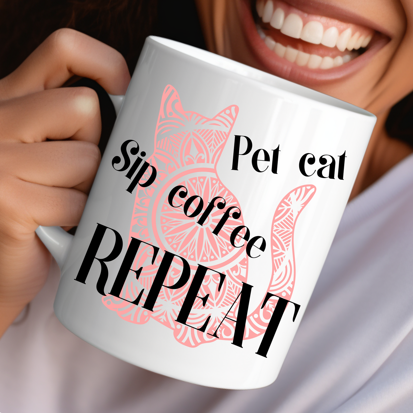 Truthful "Pet Cat Sip Coffee REPEAT" CatLady Mug With Soft Pink Cat Graphic, Great Gift For Cat Lover Mom, White Ceramic, 15oz