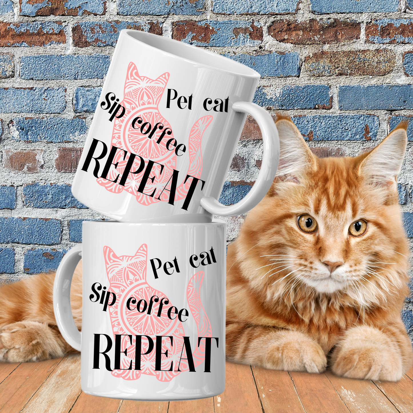 Truthful "Pet Cat Sip Coffee REPEAT" CatLady Mug With Soft Pink Cat Graphic, Great Gift For Cat Lover Mom, White Ceramic, 15oz