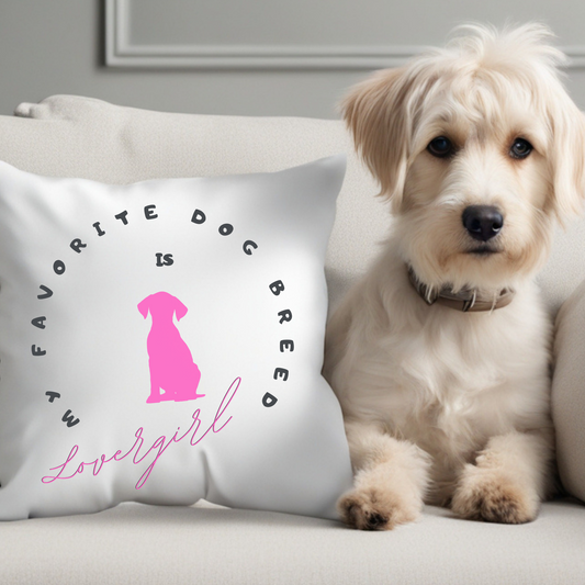 Pet-Lover Patio Pillow, "Favorite Breed is LOVERGIRL" Design, UV- & Mildew-Resistant