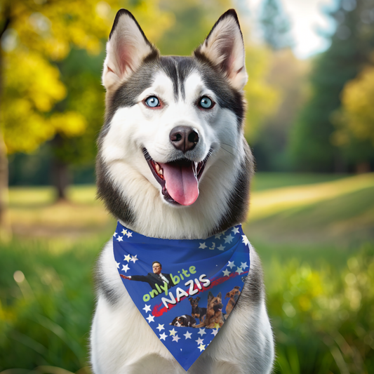 Royal Blue Pet Bandana With ONLY BITE NAZIS Is Cute Yet Serious For Political Pups Attending Peaceful Protests Patriotic Theme With Star-Spangled Style Pro-Democracy Pet  Accessory Dog Mom Gift