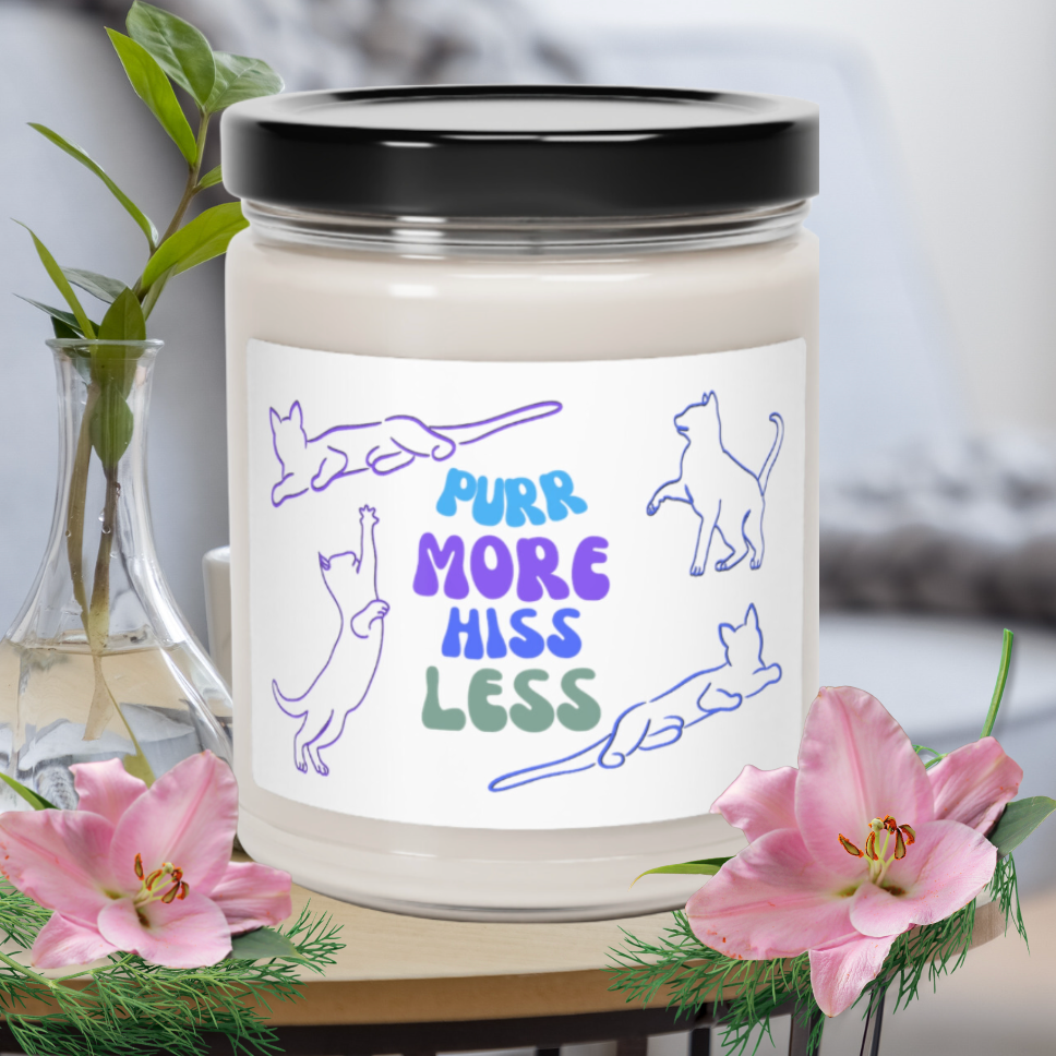 Scented Soy Candle, Unique "Purr More Hiss Less" Cat Lover Sublimation Design, Pet Lover Mom Gift, Kitchen Home Office Decor, 9oz