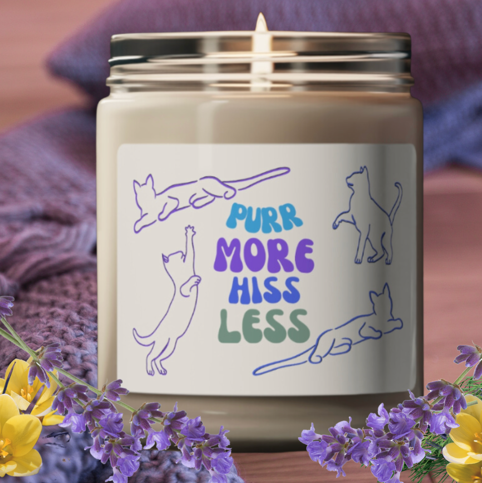 Scented Soy Candle, Unique "Purr More Hiss Less" Cat Lover Sublimation Design, Pet Lover Mom Gift, Kitchen Home Office Decor, 9oz