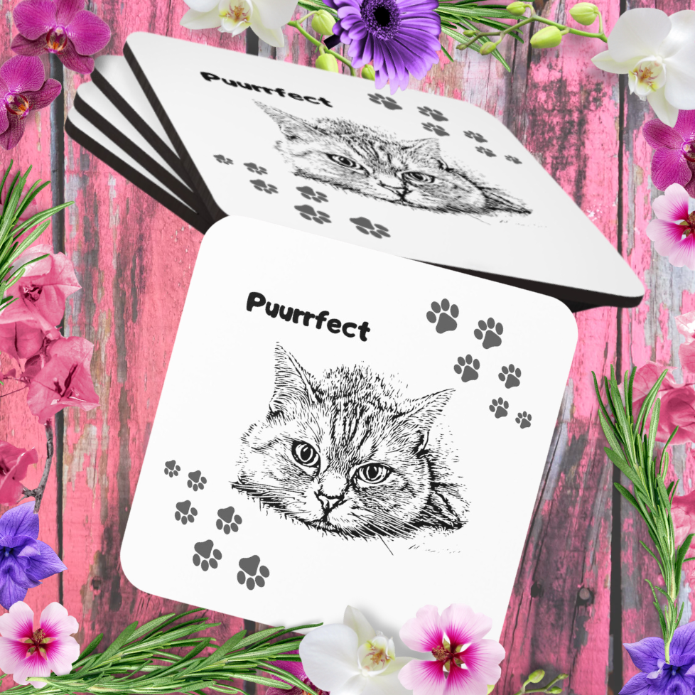 Cat-Lady Coasters, "Puurrfect" Sublimation Design, Cat Themed Gift For Mom, Set of Four
