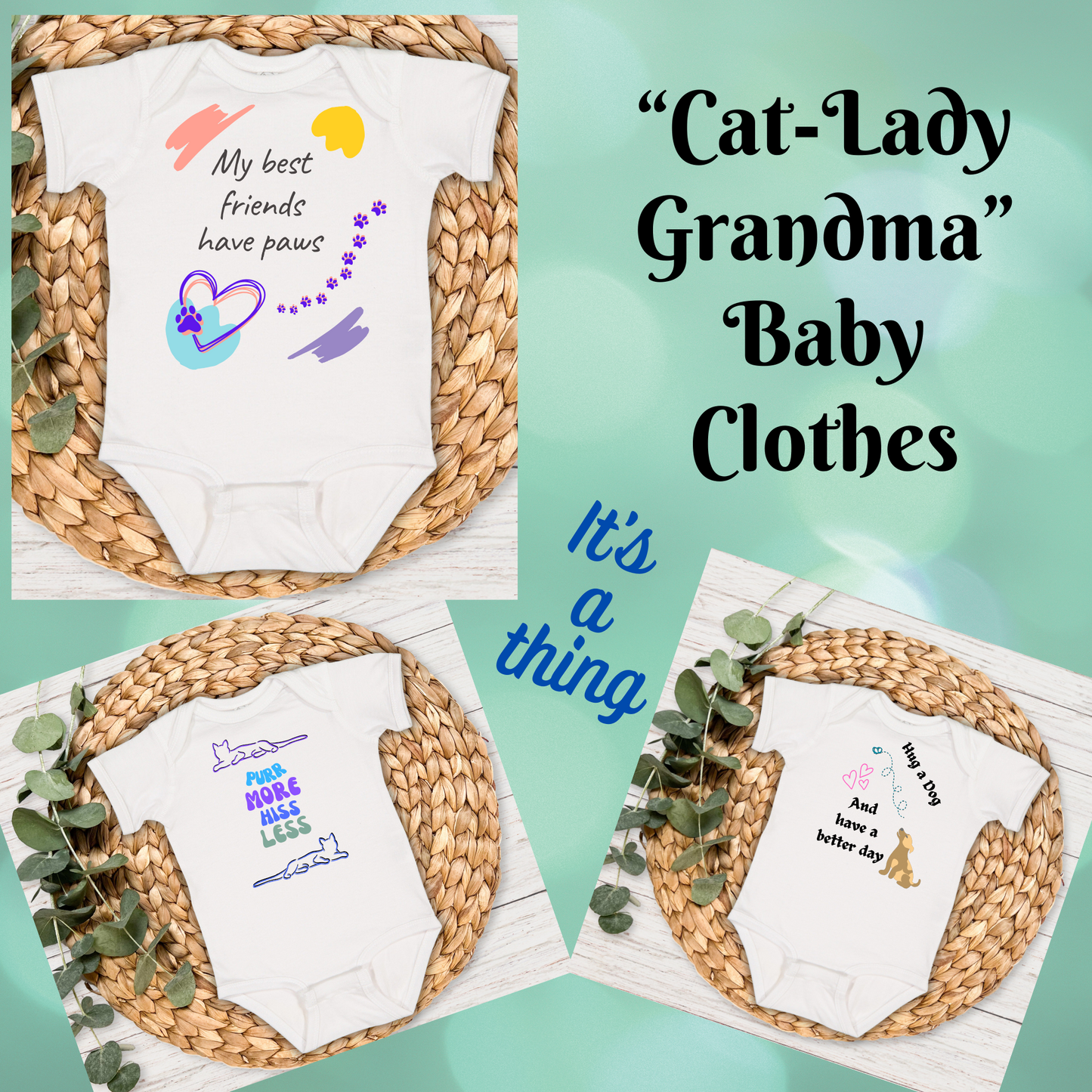 "Cat-Lady Grandma" Baby Bodysuit, Fun "Hug a dog..." Design, Cat Lover Mom Grandma Gift, 4 Colors