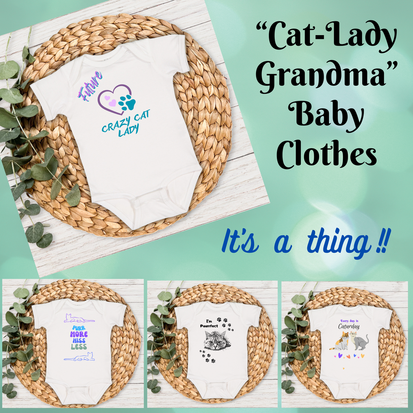 "Cat-Lady Grandma" Baby Bodysuit, "Purr More Hiss Less" Design, Cat Lover Mom Grandma Gift, 4 Colors