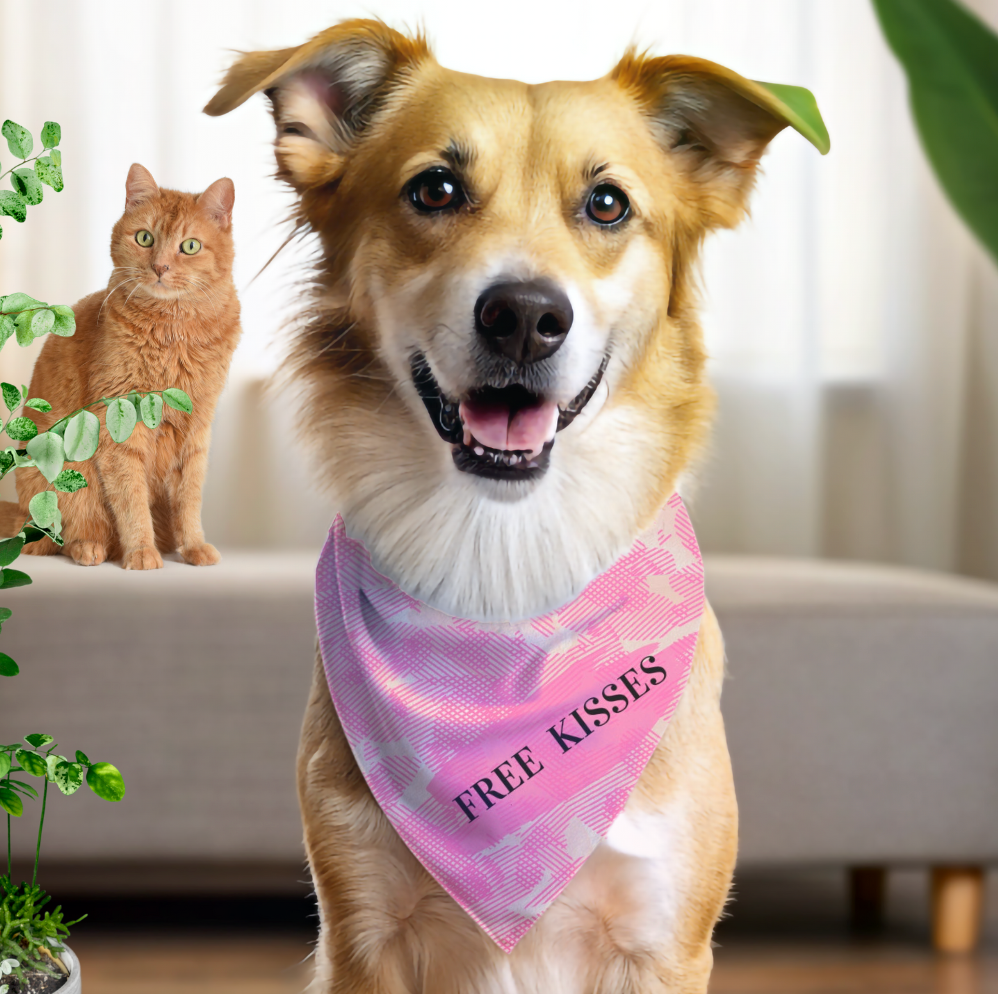 Bright Pink "Free Kisses" Pet Bandana, Fun Dog-Cat Partywear, Dog Mom CatLady Birthday Gift