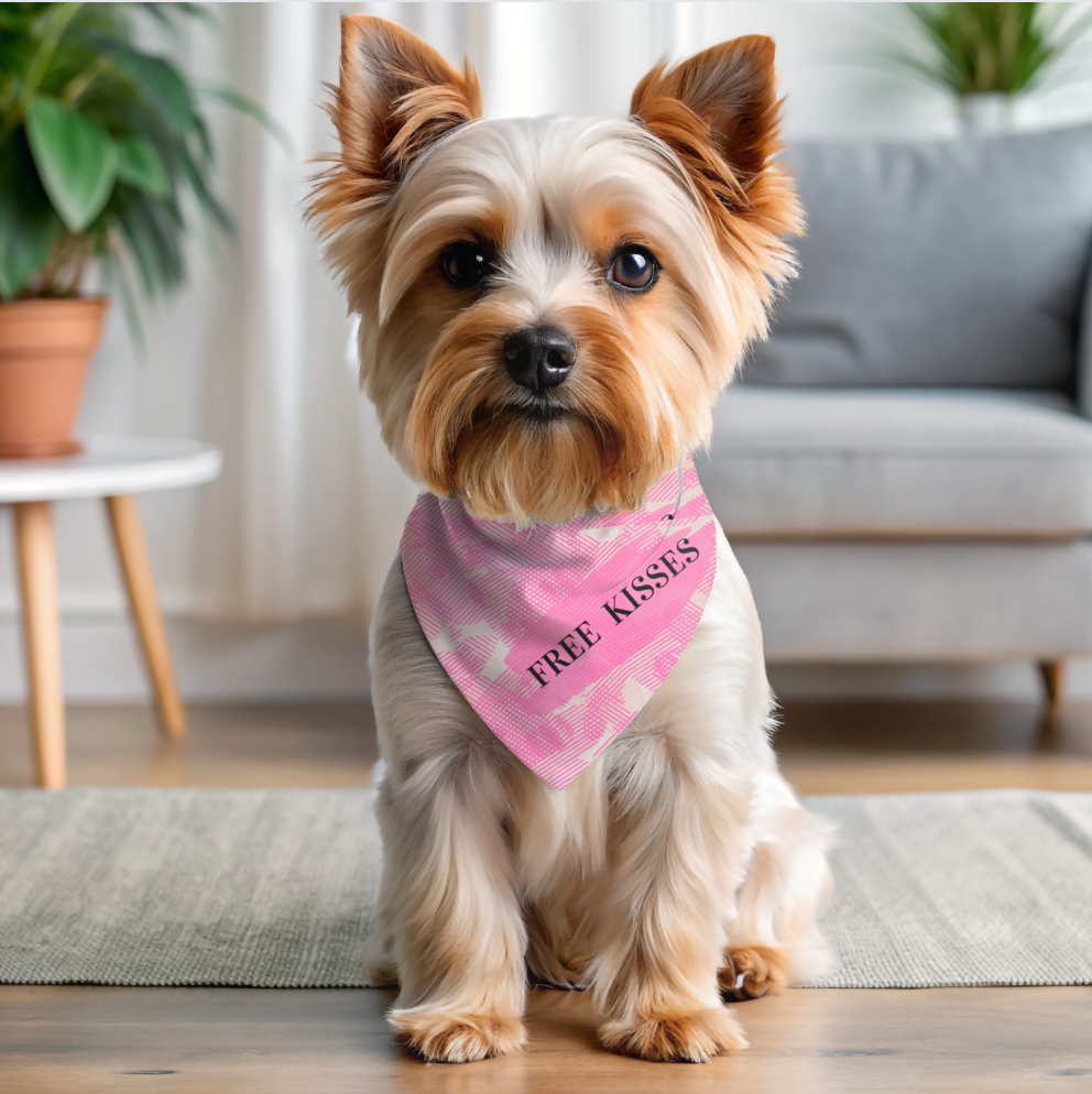 Bright Pink "Free Kisses" Pet Bandana, Fun Dog-Cat Partywear, Dog Mom CatLady Birthday Gift