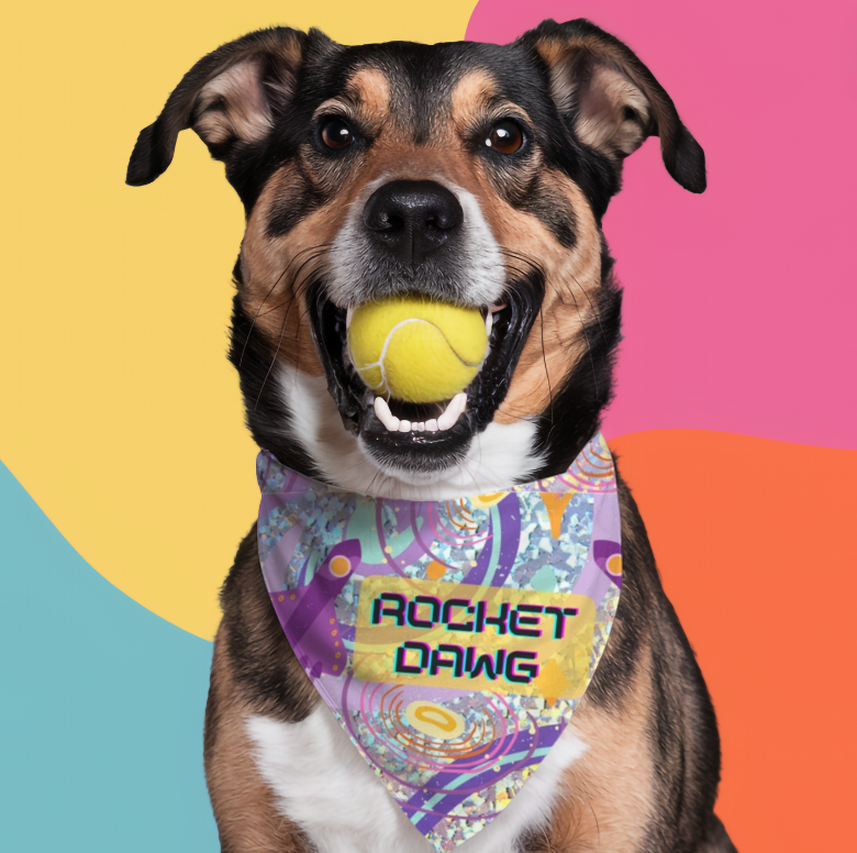 Cosmic "Rocket Dawg" Pet Bandana, Bright Purple-Yellow Rocketship Design, Doggy Daycare Partywear, Dog Mom Gift