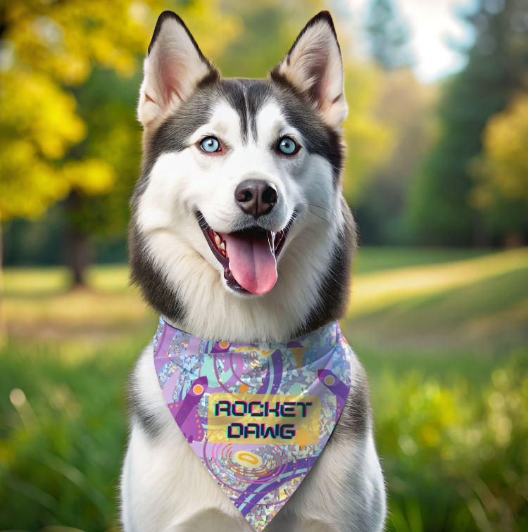Cosmic "Rocket Dawg" Pet Bandana, Bright Purple-Yellow Rocketship Design, Doggy Daycare Partywear, Dog Mom Gift