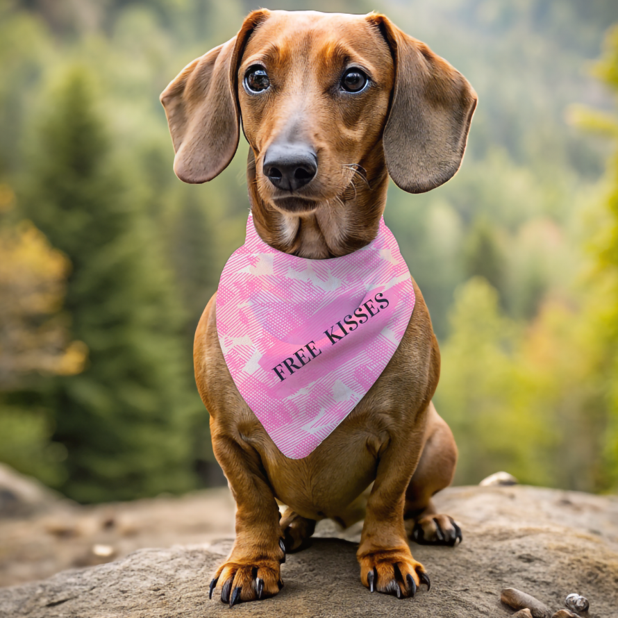 Bright Pink "Free Kisses" Pet Bandana, Fun Dog-Cat Partywear, Dog Mom CatLady Birthday Gift