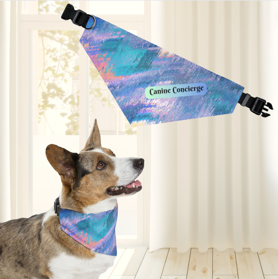 Colorful Blue-Hued Bandana COLLAR with Fun "Canine Concierge" Slogan, Great Animal Lover Dog Mom Gift, Easy On-Off Buckle, 4 Sizes