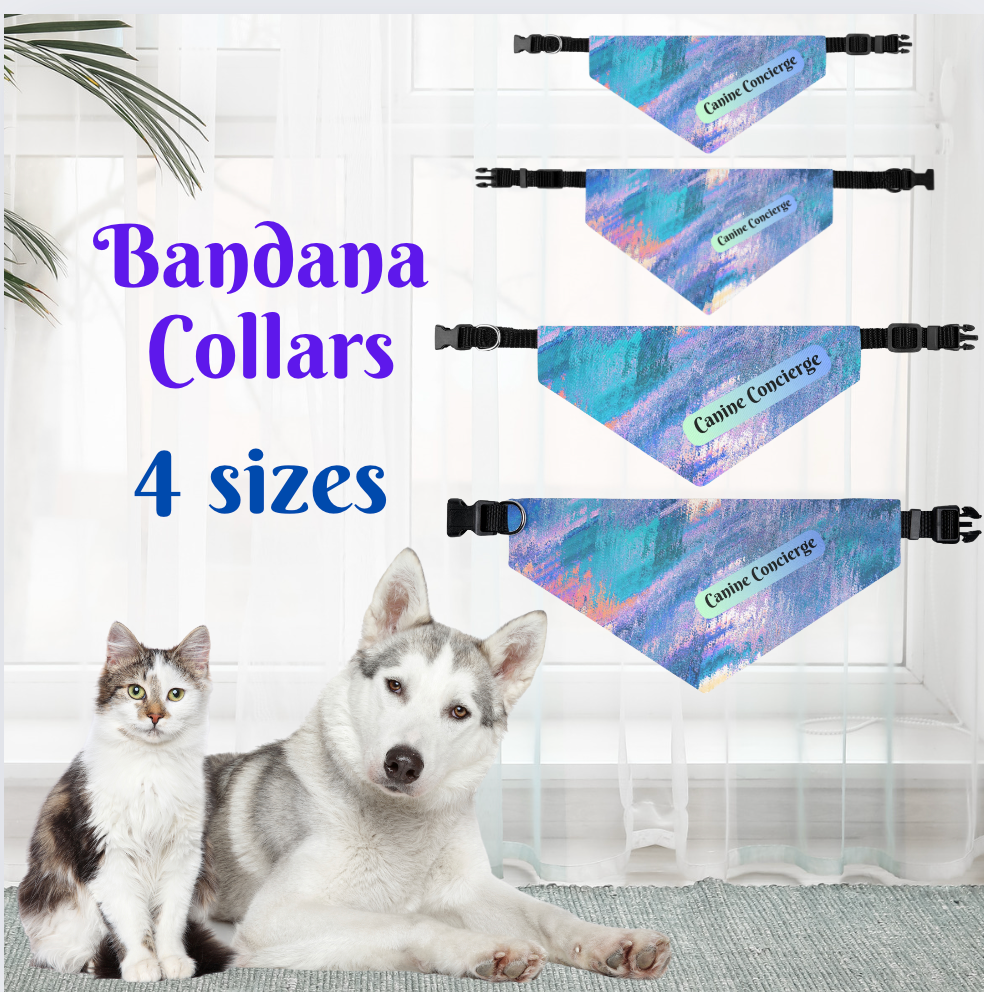 Colorful Blue-Hued Bandana COLLAR with Fun "Canine Concierge" Slogan, Great Animal Lover Dog Mom Gift, Easy On-Off Buckle, 4 Sizes