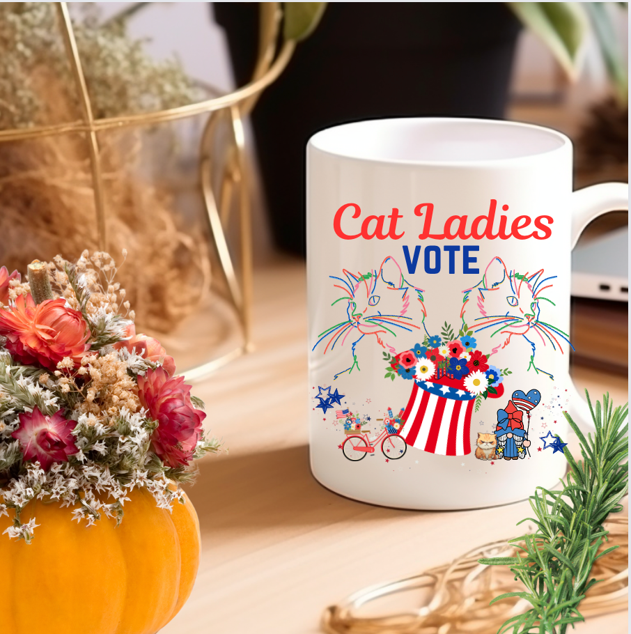 Large, Politely Political "Cat Ladies Vote" Coffee Mug, Unique, Colorful Cat Lover Design and Slogan, Perfect CatLady PetLover Cat Mom Mom Gift for Christmas and Birthdays, 15oz