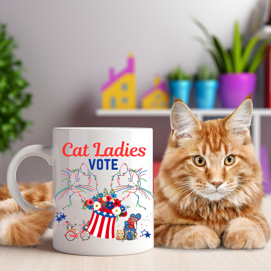 Large, Politely Political "Cat Ladies Vote" Coffee Mug, Unique, Colorful Cat Lover Design and Slogan, Perfect CatLady PetLover Cat Mom Mom Gift for Christmas and Birthdays, 15oz