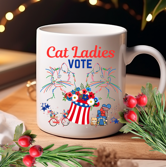 Large, Politely Political "Cat Ladies Vote" Coffee Mug, Unique, Colorful Cat Lover Design and Slogan, Perfect CatLady PetLover Cat Mom Mom Gift for Christmas and Birthdays, 15oz