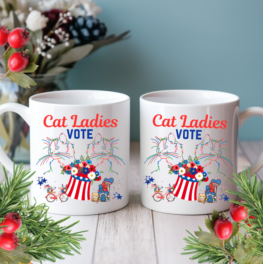 Large, Politely Political "Cat Ladies Vote" Coffee Mug, Unique, Colorful Cat Lover Design and Slogan, Perfect CatLady PetLover Cat Mom Mom Gift for Christmas and Birthdays, 15oz