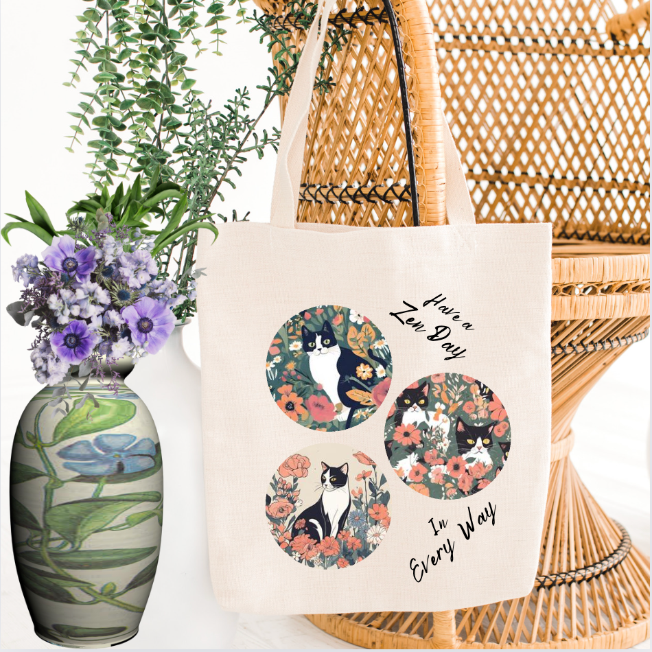 CatLady Tote with Peaceful "Have a Zen Day" Design, Reusable Canvas Bag, Cat Lady Acat Lover Mom Gift