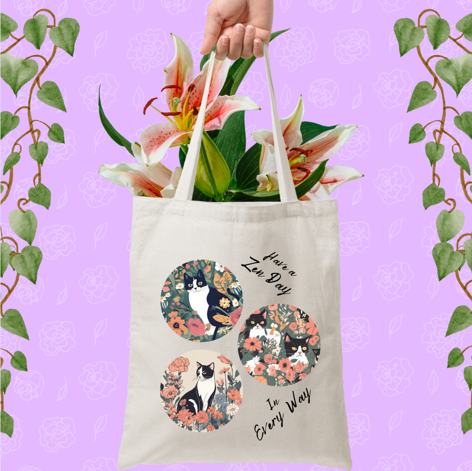 CatLady Tote with Peaceful "Have a Zen Day" Design, Reusable Canvas Bag, Cat Lady Acat Lover Mom Gift