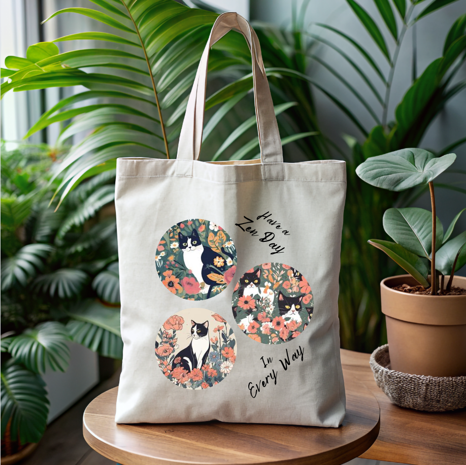 CatLady Tote with Peaceful "Have a Zen Day" Design, Reusable Canvas Bag, Cat Lady Acat Lover Mom Gift