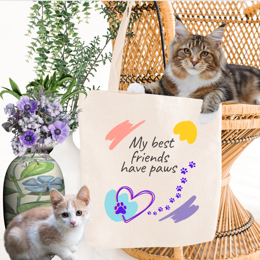 CatLady Tote  with Whimsical "My Best Friends Have Paws" Design, Pretty, Practical Canvas Bag, Dog Mom Cat Lover Gift