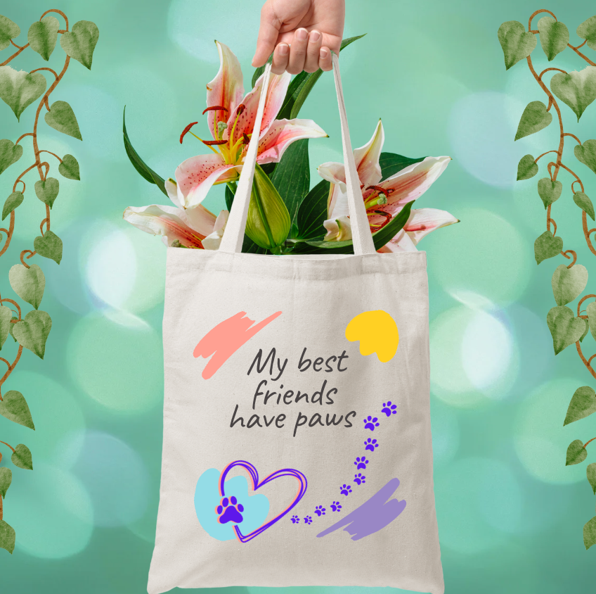CatLady Tote  with Whimsical "My Best Friends Have Paws" Design, Pretty, Practical Canvas Bag, Dog Mom Cat Lover Gift