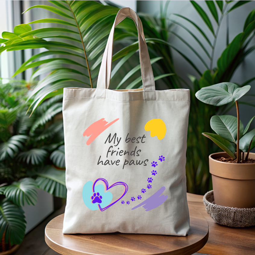 CatLady Tote  with Whimsical "My Best Friends Have Paws" Design, Pretty, Practical Canvas Bag, Dog Mom Cat Lover Gift