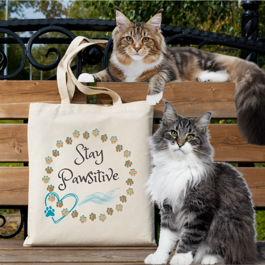 Cute CatLady Tote  with "Stay Pawsitive" Pawprint Design, Reusable Canvas Bag, Great Cat Lover Dog Mom Gift