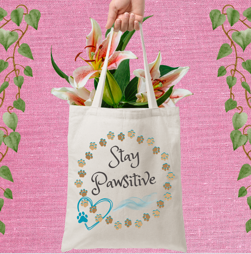 Cute CatLady Tote  with "Stay Pawsitive" Pawprint Design, Reusable Canvas Bag, Great Cat Lover Dog Mom Gift