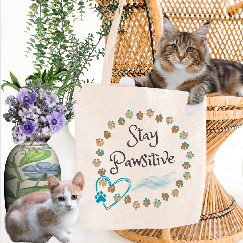 Cute CatLady Tote  with "Stay Pawsitive" Pawprint Design, Reusable Canvas Bag, Great Cat Lover Dog Mom Gift