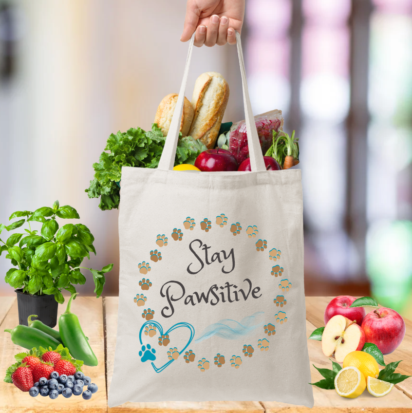 Cute CatLady Tote  with "Stay Pawsitive" Pawprint Design, Reusable Canvas Bag, Great Cat Lover Dog Mom Gift