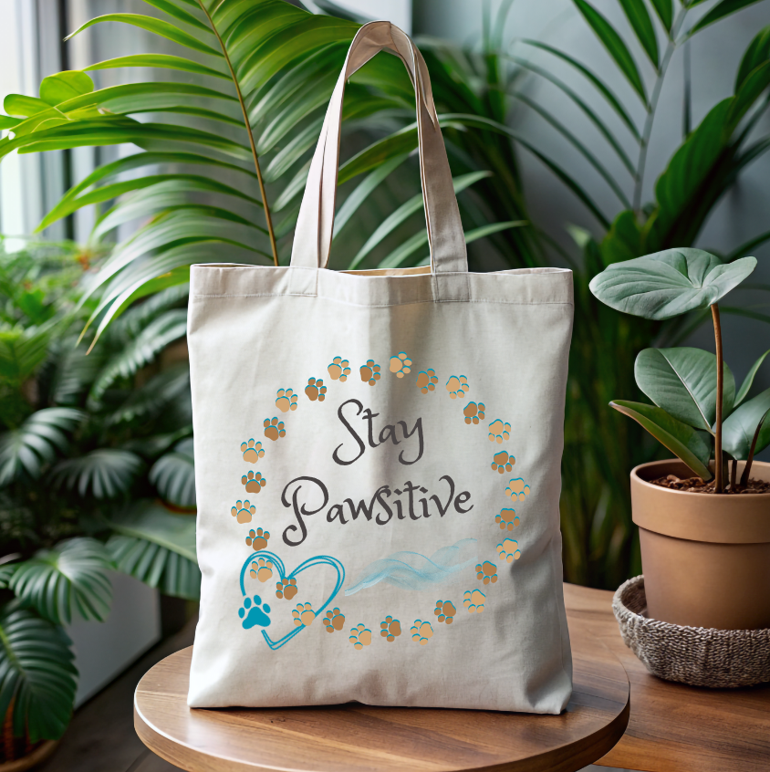 Cute CatLady Tote  with "Stay Pawsitive" Pawprint Design, Reusable Canvas Bag, Great Cat Lover Dog Mom Gift