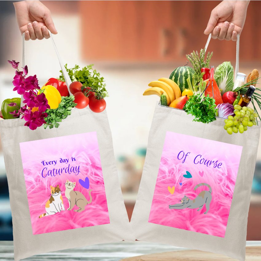 Pink "Every day is Caturday" CatLady Canvas Tote, Pretty & Practical Pet Lover Cat Lady Gift, Birthday Christmas Mom Gift
