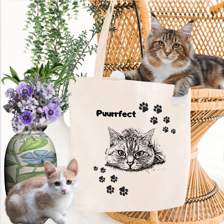 CatLady "Puurrfect" Tote Bag, Cute Cat Graphic and Pawprints Sublimation Design, Pet Lover Cat Mom Gift