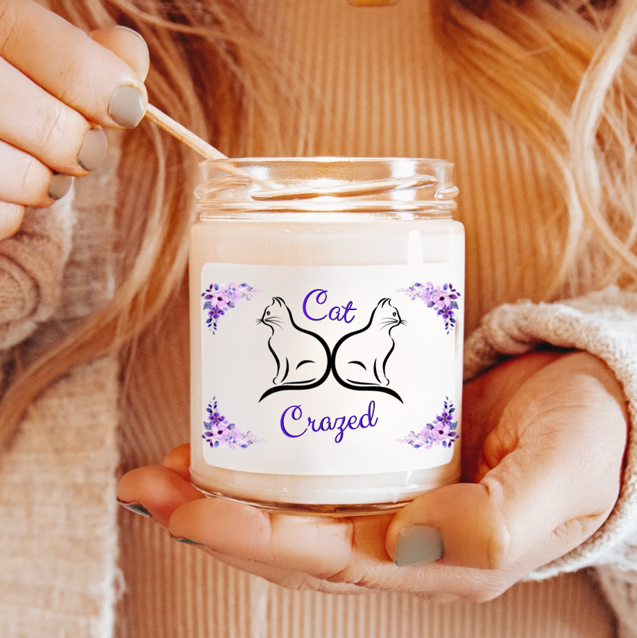 Scented Soy Candle, Whimsical "Cat Crazed" Sublimation Design, Cat Lover Pet Lover Mom Gift, Kitchen Home Office Decor,  Four Fragrances, 9oz
