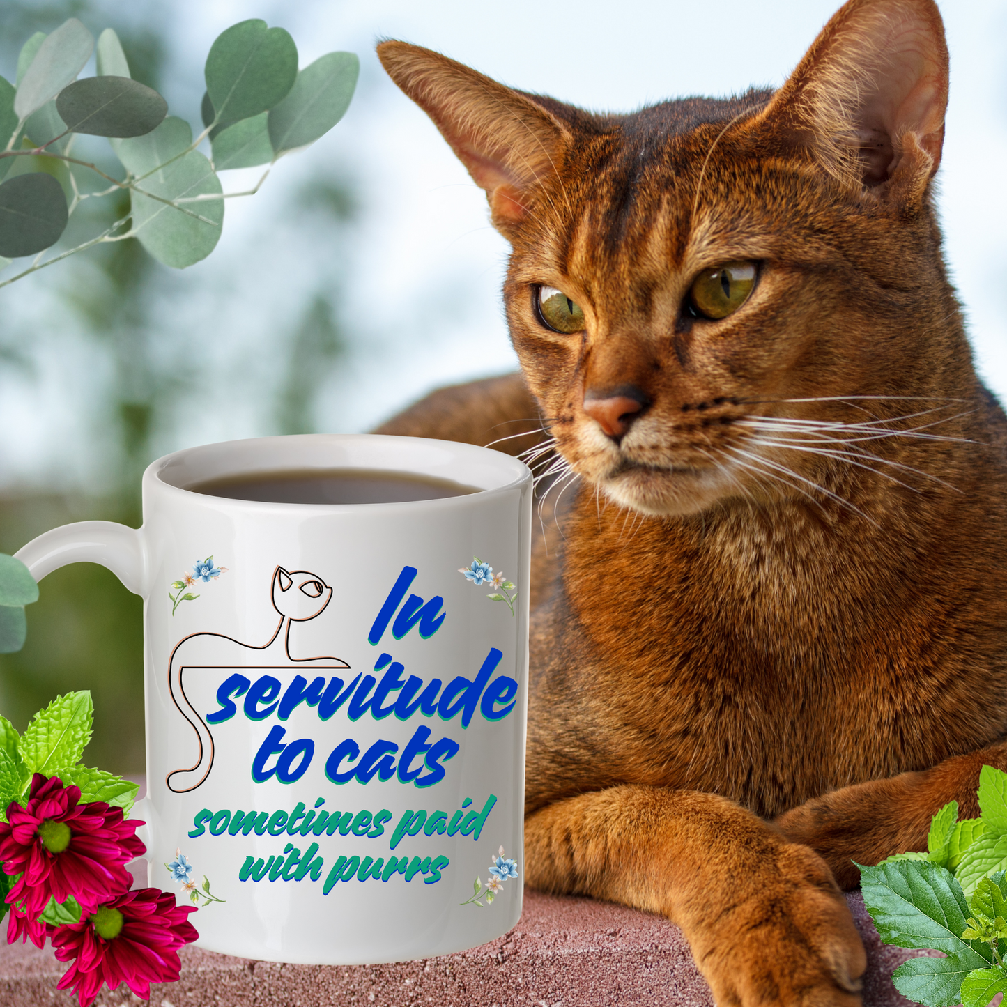 Cat-Centric "In Servitude To Cats" Coffee Mug With Bold Blue And Green Text And Cute Cat Graphic, Cat Lover Gift Stocking Stuffer,, White Ceramic, 15oz